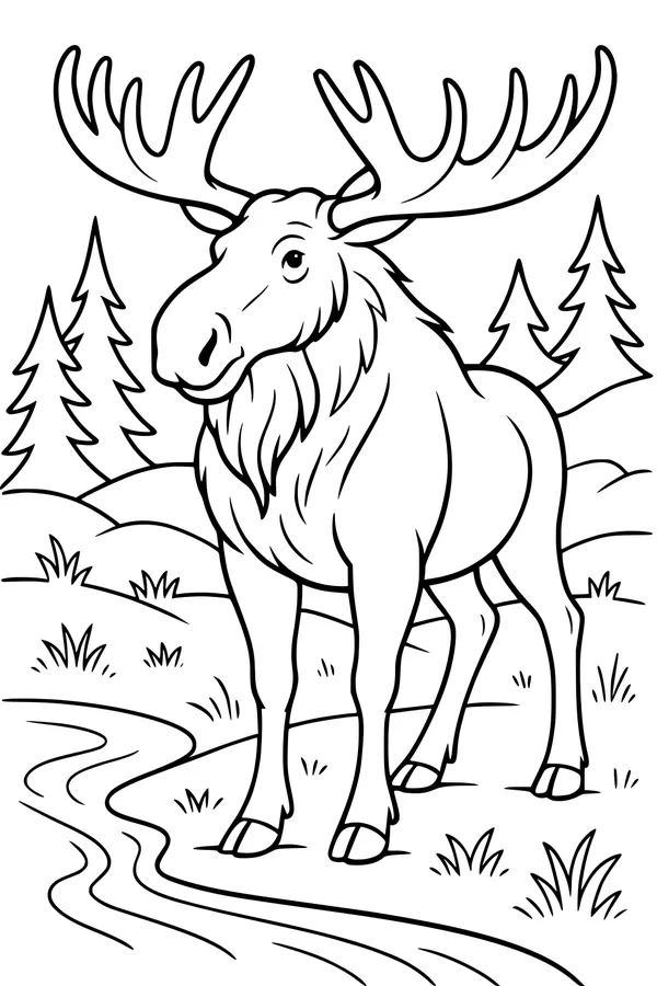Free Moose Coloring Page - Gentle Giant by Forest Stream (Printable PDF)