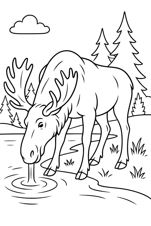 Free Moose Coloring Page - Forest Pond Drinking Scene (Printable PDF)