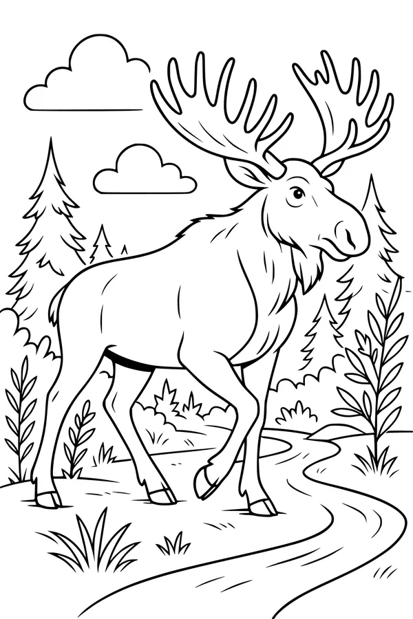 Free Moose Coloring Page - Sunny Forest Stream Walk (Printable PDF)