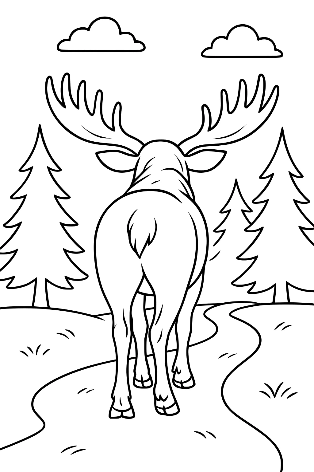 Large moose walking away on a path with pine trees and clouds in the background.