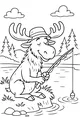 Free Moose Coloring Page - Fishing by the Lake in a Forest (Printable PDF)