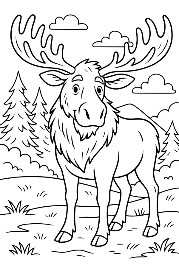Free Moose Coloring Page - Cartoon Moose in Forest Meadow (Printable PDF)