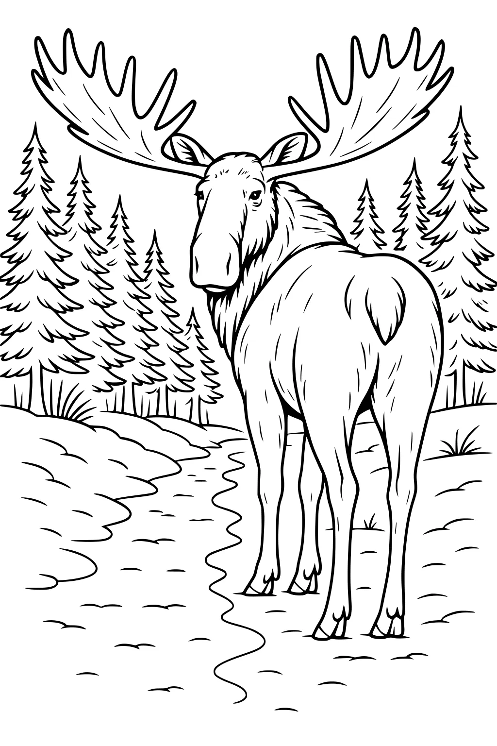 Moose with wide antlers standing on a winding forest path, surrounded by tall pine trees.