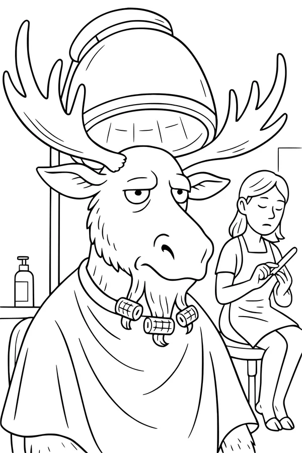 Free Moose Coloring Page - Funny Salon Makeover Scene (Printable PDF)