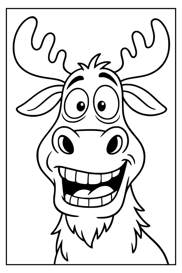 Free Moose Coloring Page - Goofy Cartoon Moose With Big Antlers (Printable PDF)