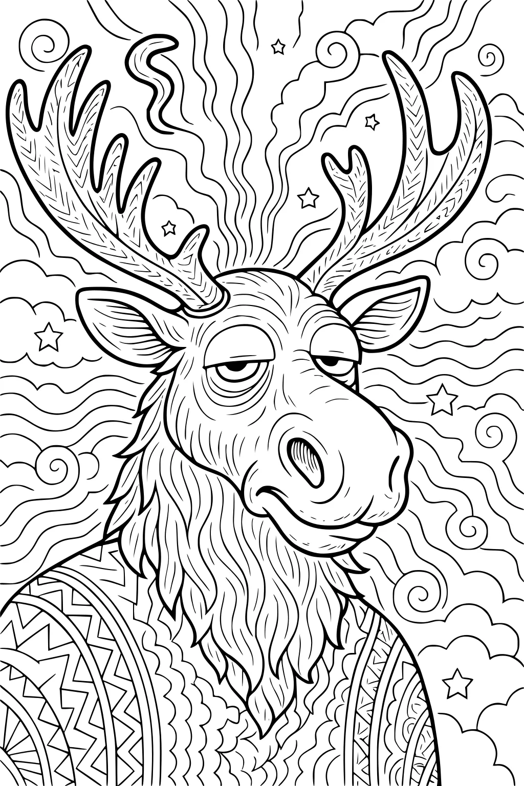 Moose with patterned antlers and sweater, surrounded by swirling clouds and stars.