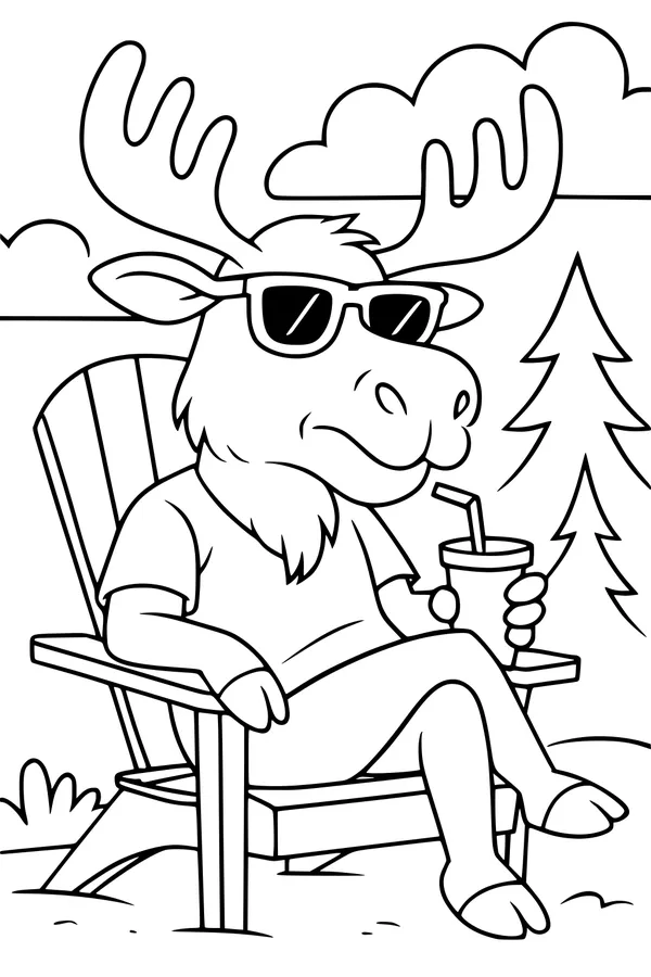 Free Moose Coloring Page - Relaxing Summer Moose in Sunglasses (Printable PDF)