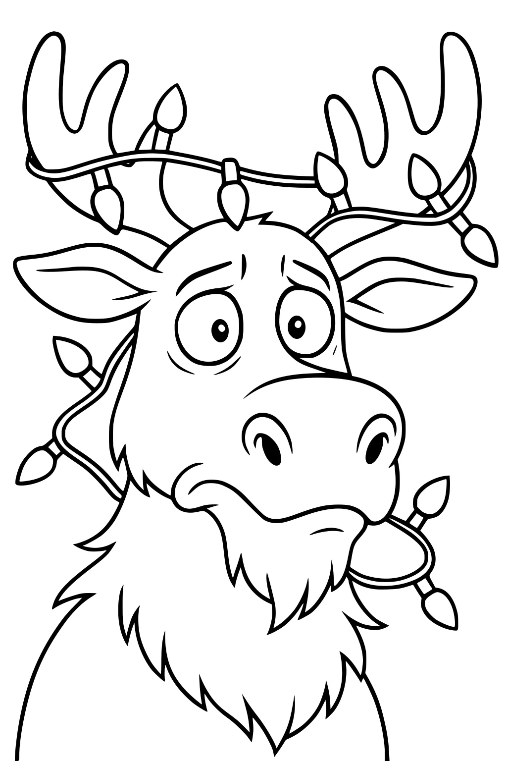 Cartoon moose with tangled antlers and holiday lights wrapped around his head and mouth, looking surprised.