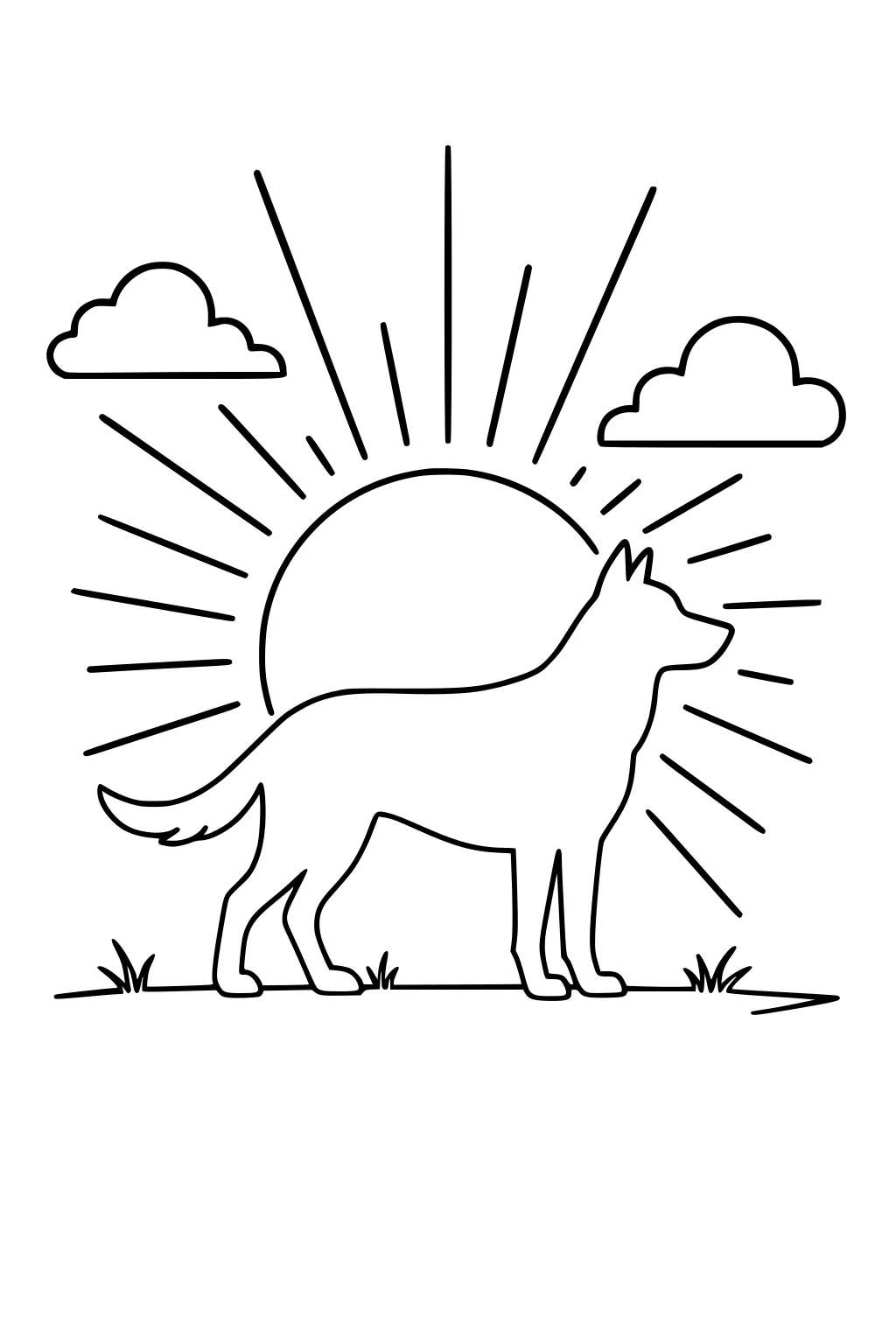 Dog standing on grass with sunbeams and two clouds in the sky behind.