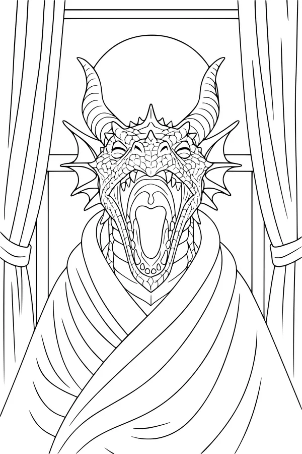 Free Dragon Coloring Page - Sleepy Robed Dragon Yawning at Dawn (Printable PDF)