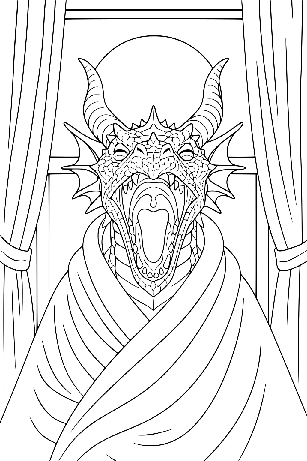 Dragon in a robe between curtains, mouth wide open, horns and frills visible, round window behind, detailed scales and teeth.