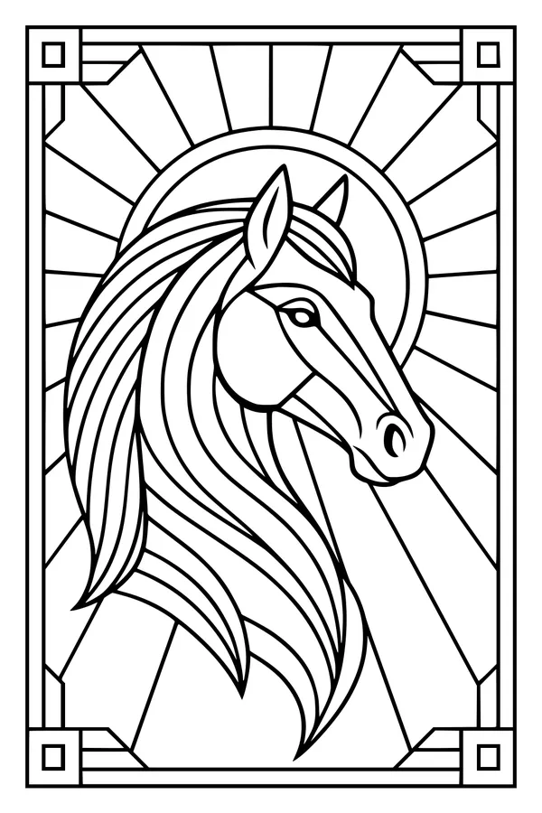 Free Horse Coloring Page - Sunbeam Mane Portrait in Frame (Printable PDF)