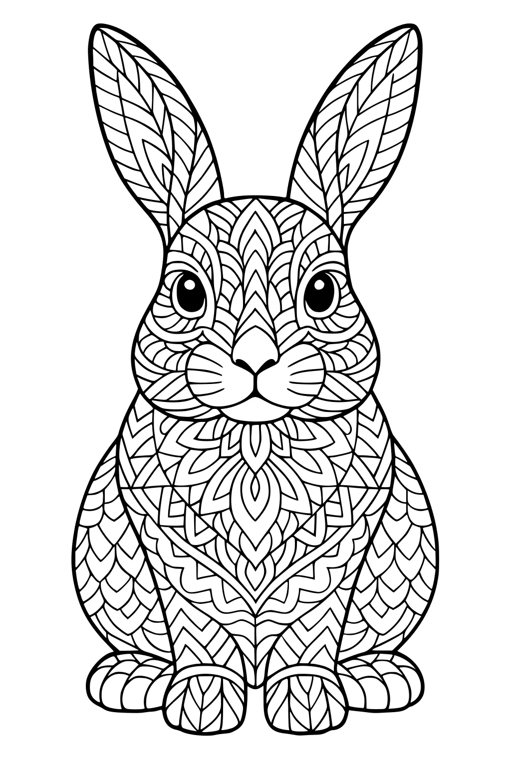 Line drawing of a seated rabbit with big eyes and decorative geometric patterns all over its body and ears.