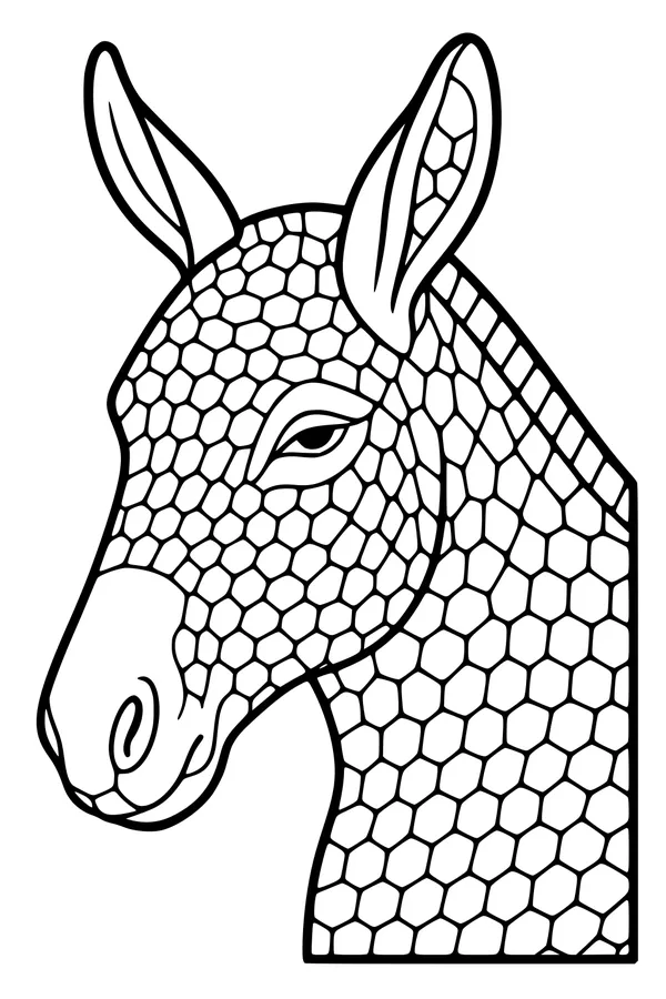 Free Donkey Coloring Page - Patchwork Hexagon Pattern Head (Printable PDF)