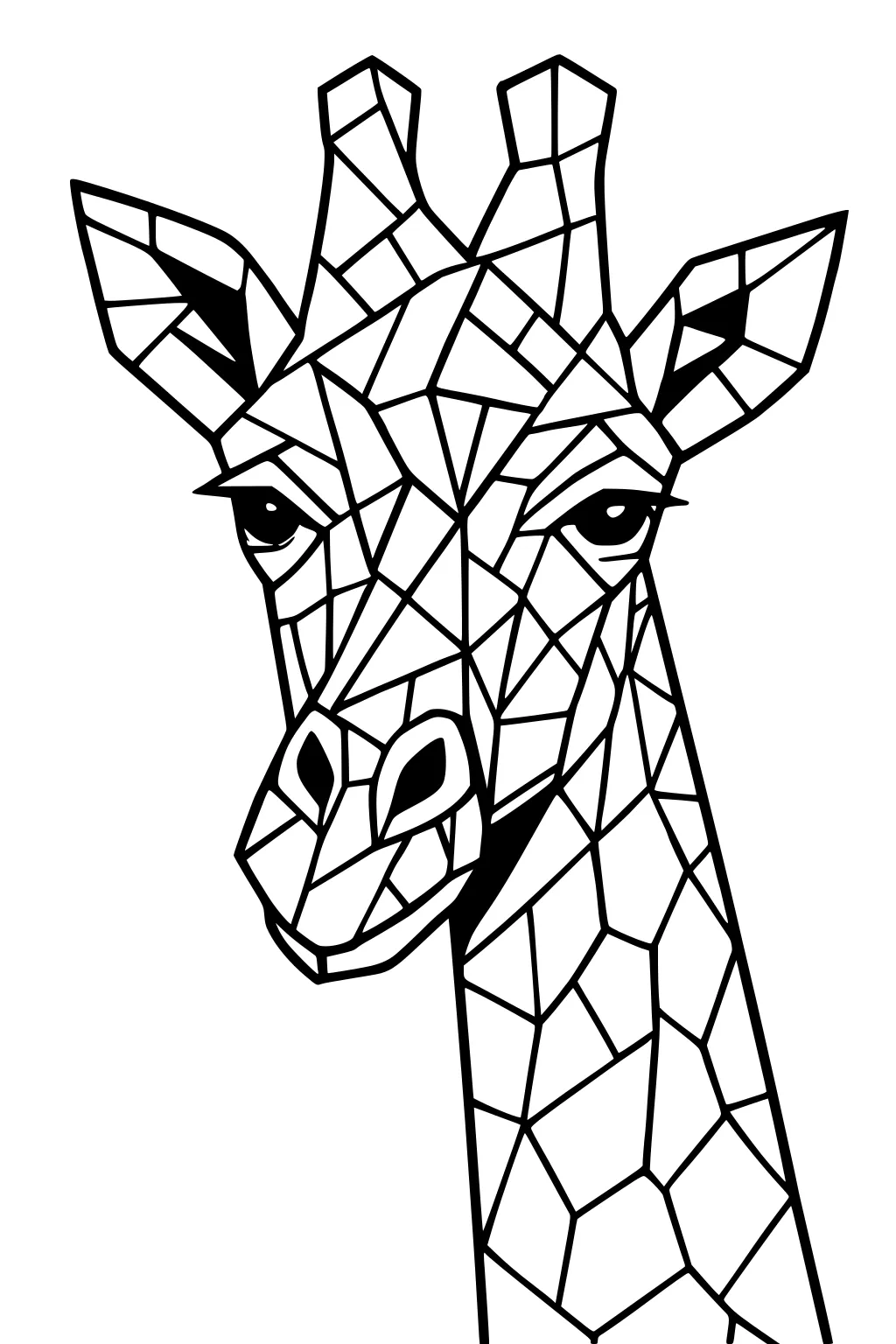 Geometric giraffe head with mosaic-style shapes and strong black outlines.