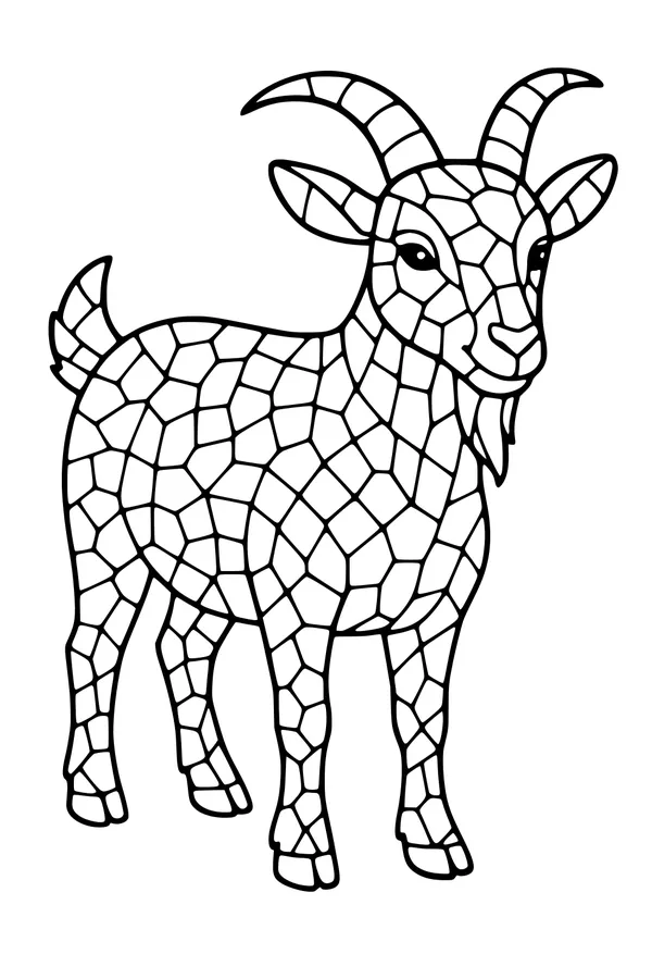 Free Goat Coloring Page - Mosaic Goat With Curved Horns (Printable PDF)