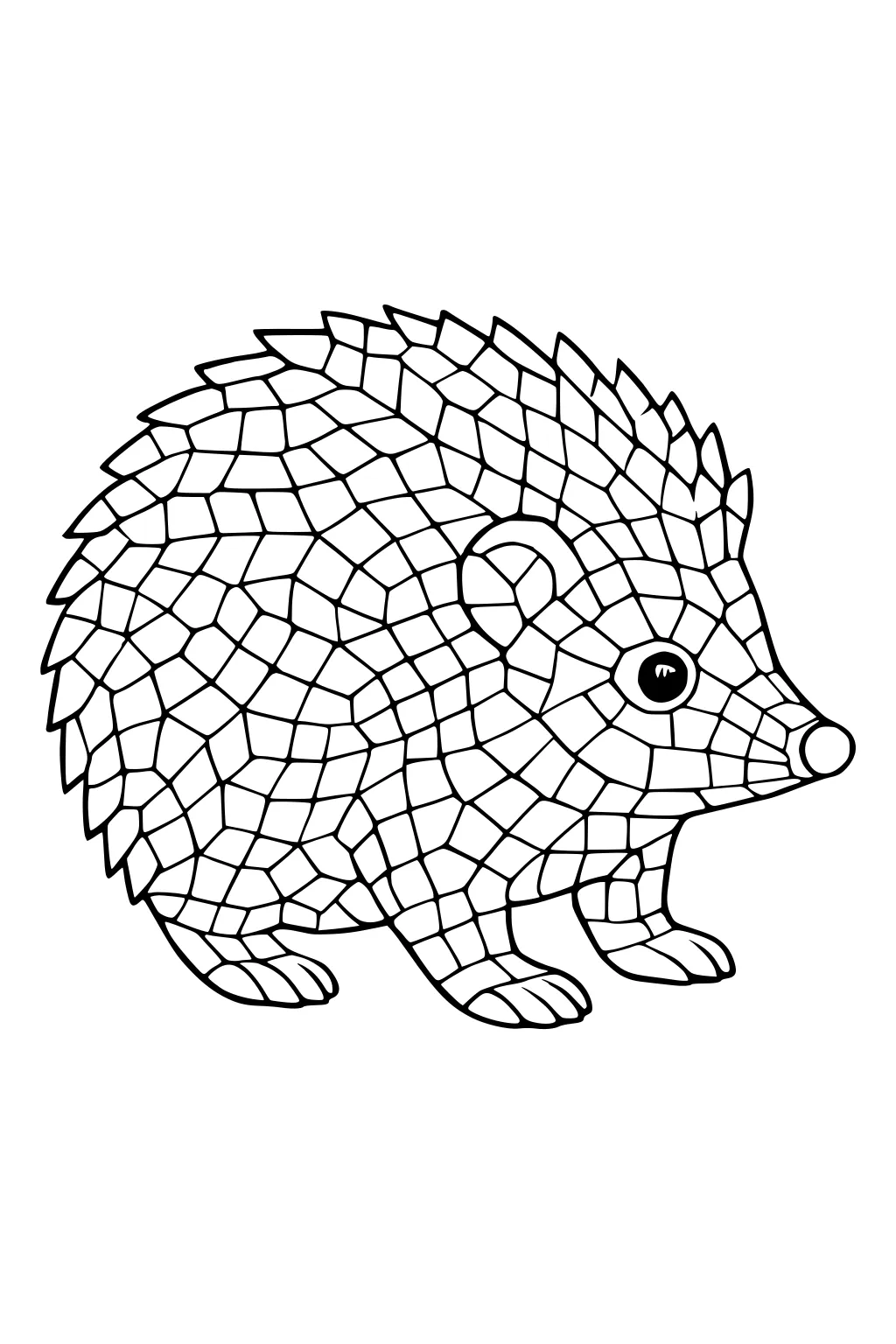 Cartoon hedgehog with mosaic patterns, round nose, visible ear, and four small feet.