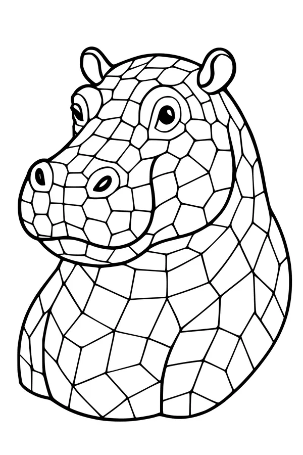 Free Hippo Coloring Page - Mosaic Friendly Face Portrait (Printable PDF)