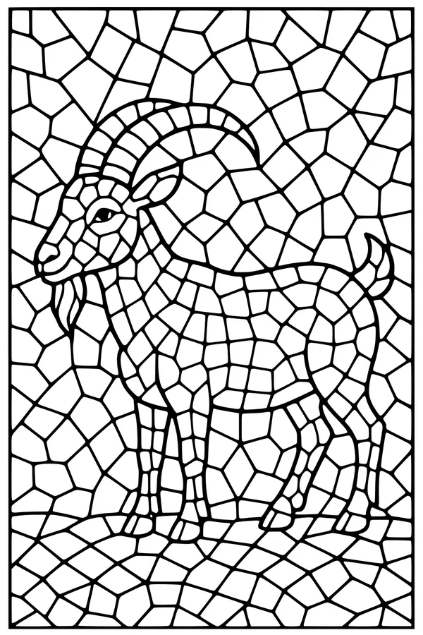 Free Goat Coloring Page - Mosaic Mountain Goat With Curved Horns (Printable PDF)