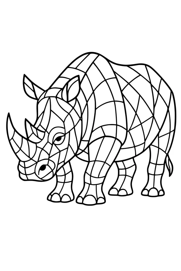 Free Rhinoceros Coloring Page - Geometric Patchwork Coat (Printable PDF)