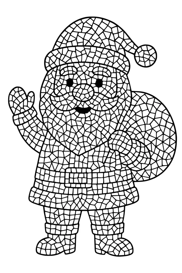 Free Santa Claus Coloring Page - Mosaic Santa Waving With Gift Sack (Printable PDF)