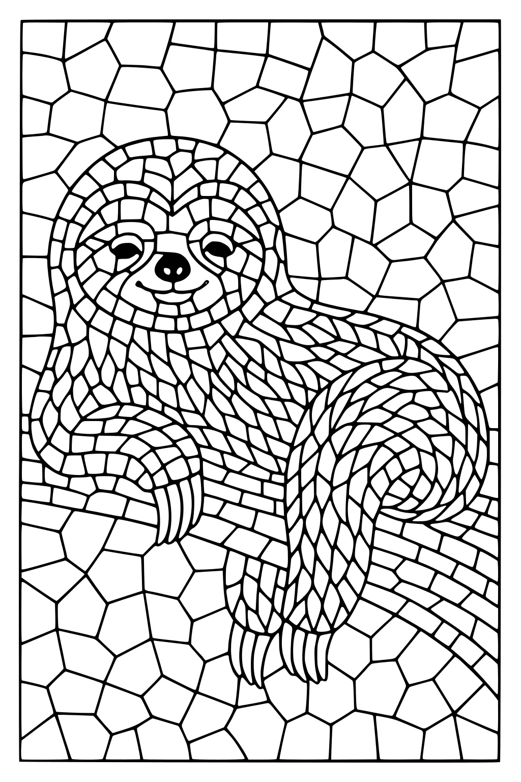 A sloth with a mosaic fur pattern hangs from a branch against a mosaic background, smiling calmly.