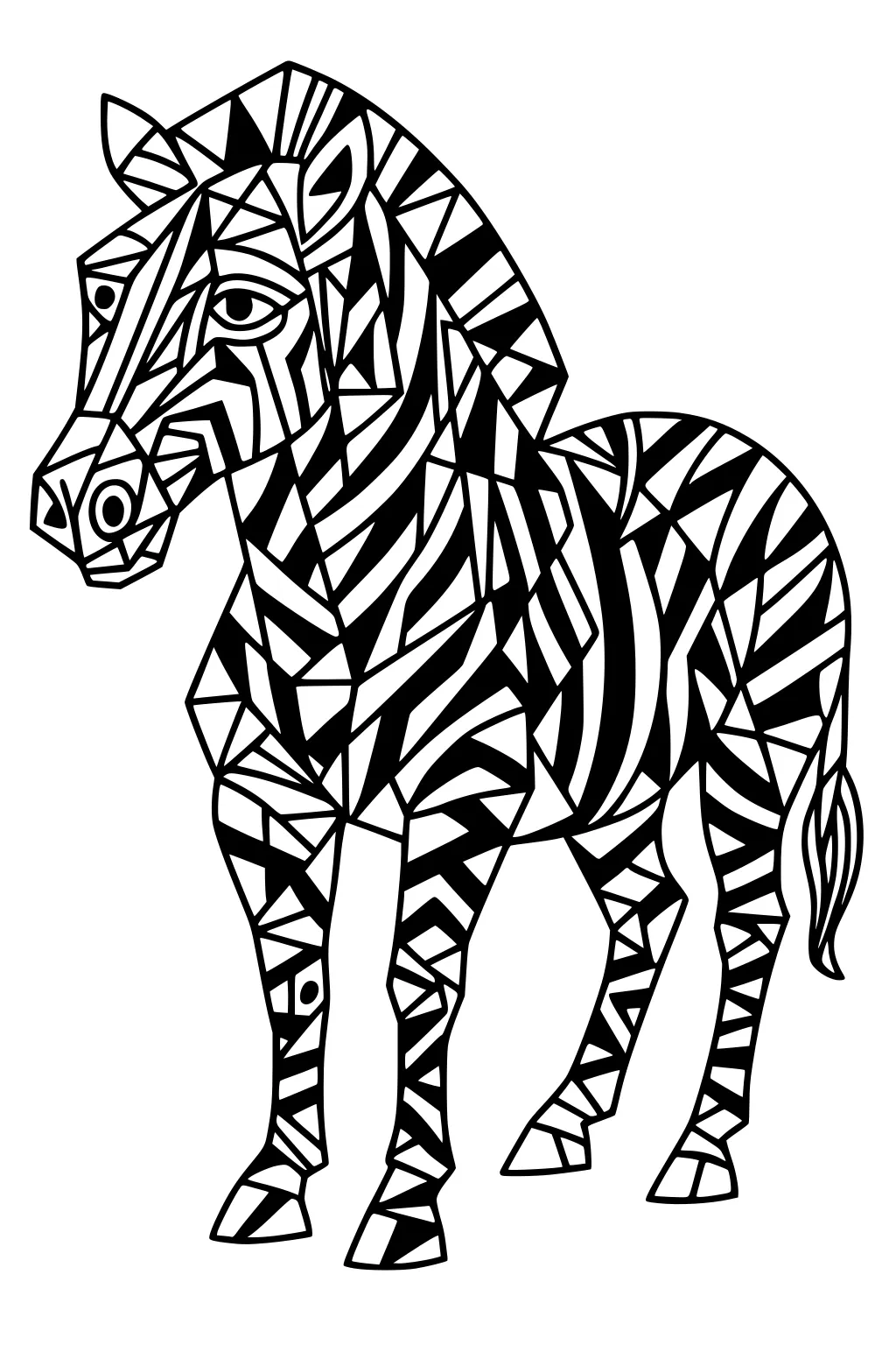 Geometric zebra with mosaic stripes and triangles, ears up, large eye, four legs and short tail in bold outlines, no background.