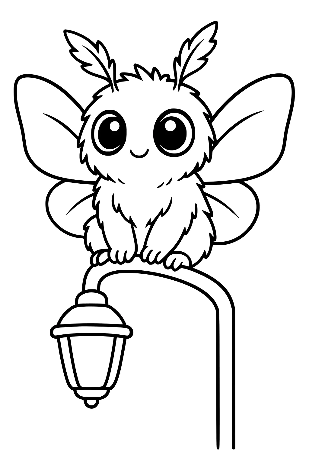 Fluffy moth monster with big eyes and four wings sits smiling on the curved top of a street lamp with a lantern.