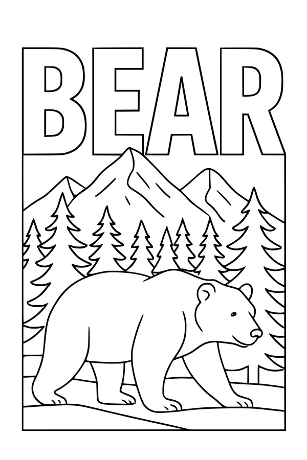 Free Bear Coloring Page - Walking Through Pine Forest Path (Printable PDF)