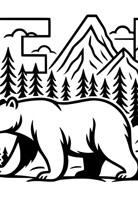 Free Bear Coloring Page - Walking Forest Bear With Mountains (Printable PDF)