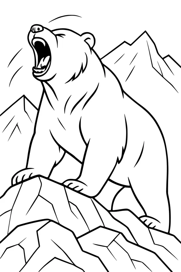 Free Bear Coloring Page - Roaring On Mountain Rocks (Printable PDF)