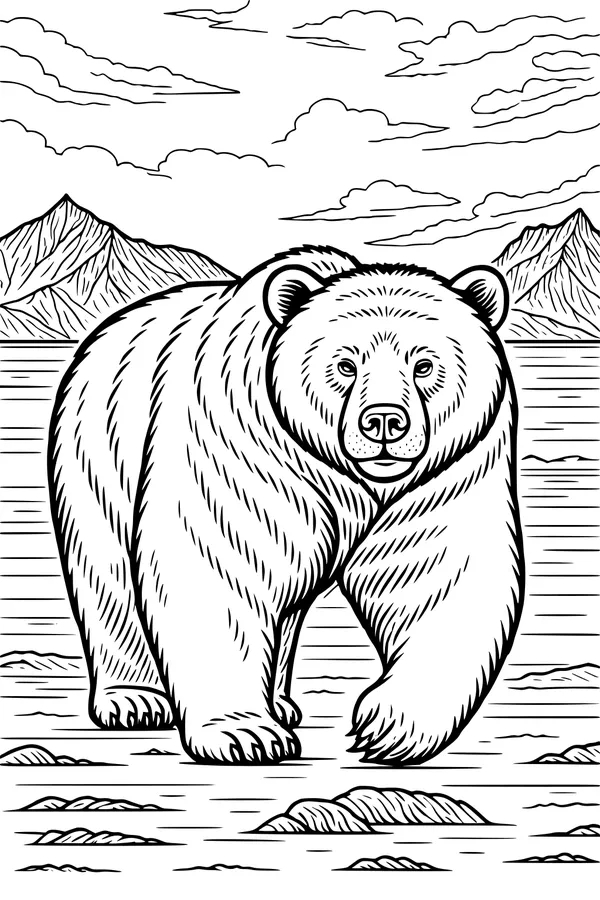Free Bear Coloring Page - Big Bear by the Riverbank (Printable PDF)