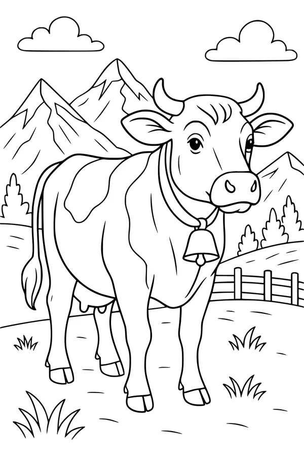 Free Cow Coloring Page - Bell by the Mountain Fence (Printable PDF)