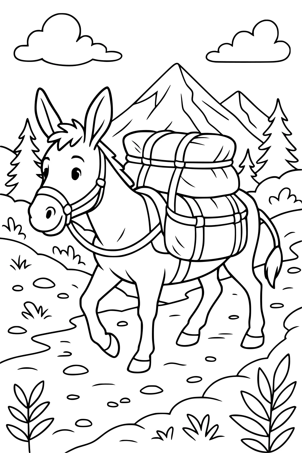 Donkey with two packs on her back walks on a rocky path through mountains, trees, and plants under two cloud shapes.