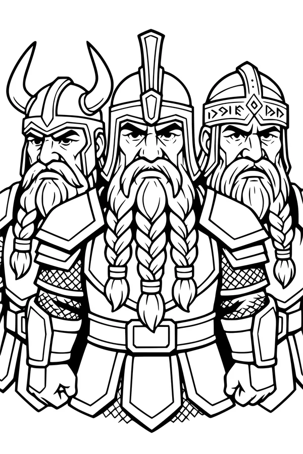 Free Dwarf Warriors Coloring Page - Braided Beards Mountain Guard (Printable PDF)
