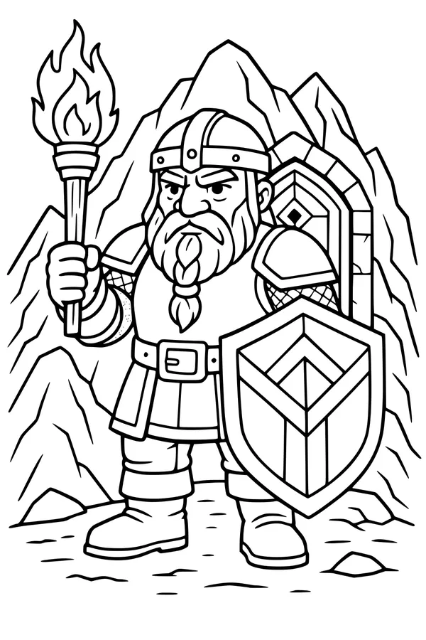 Free Dwarf Warrior Coloring Page - Torchbearer at the Mountain Gate (Printable PDF)