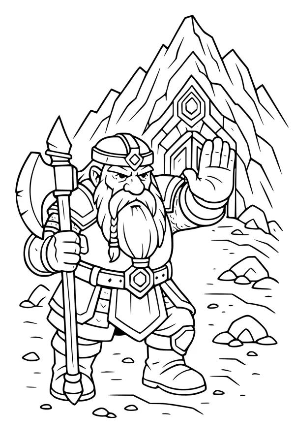 Free Dwarf Guard Coloring Page - Axe at the Mountain Gate (Printable PDF)