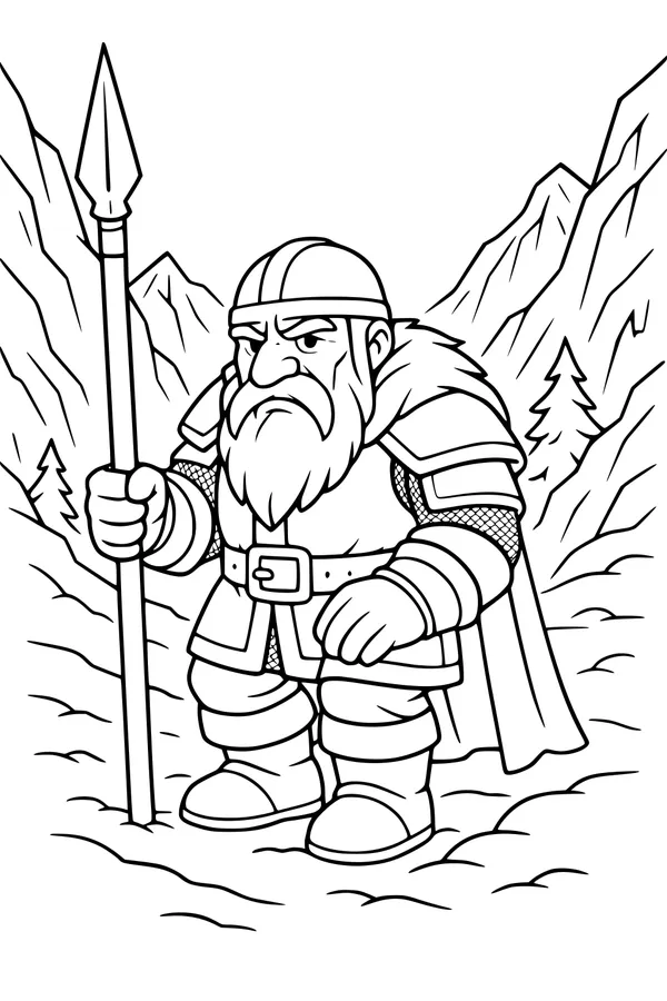 Free Dwarf Warrior Coloring Page - Guardian of the Mountain Pass (Printable PDF)