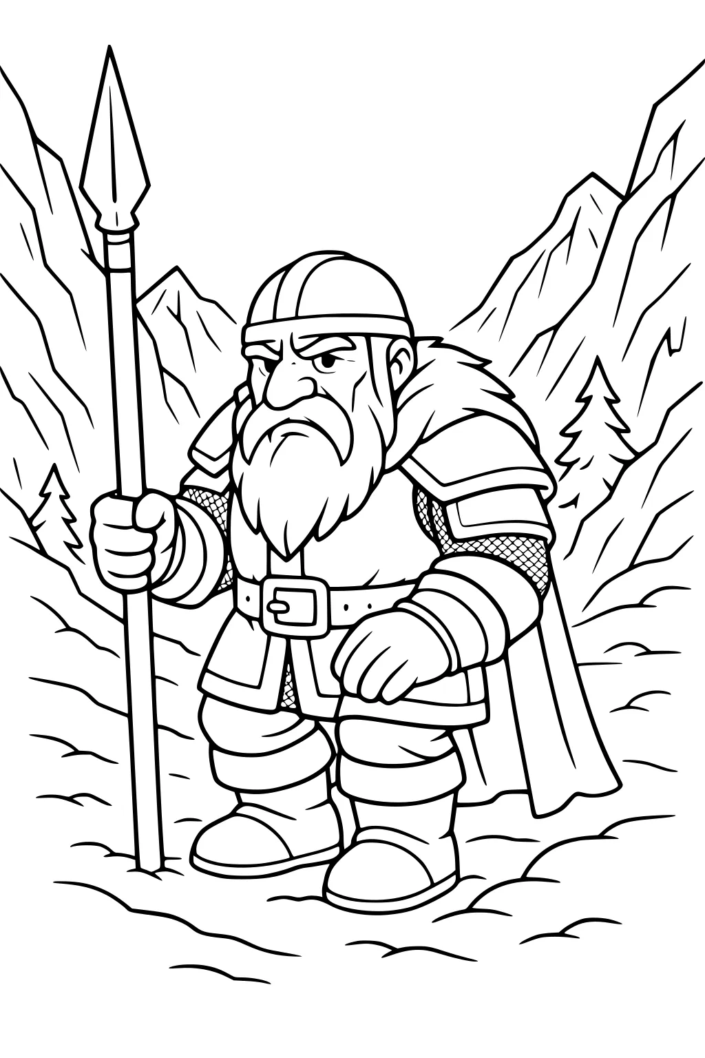 Bearded dwarf warrior in armor and fur cape holding a spear in a mountain pass with pine trees and rocky peaks.