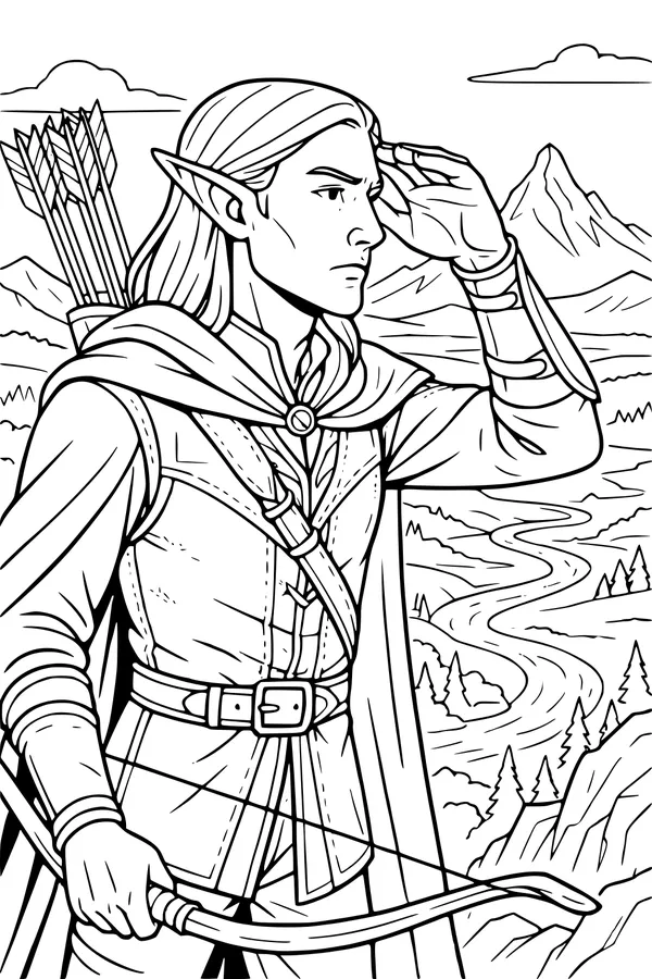 Free Elf Archer Coloring Page - Scout Over River Valley (Printable PDF)