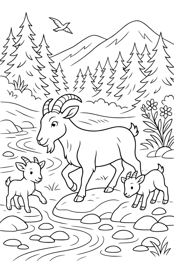 Free Goat Coloring Page - Mountain Mother Goat With Kids by River (Printable PDF)