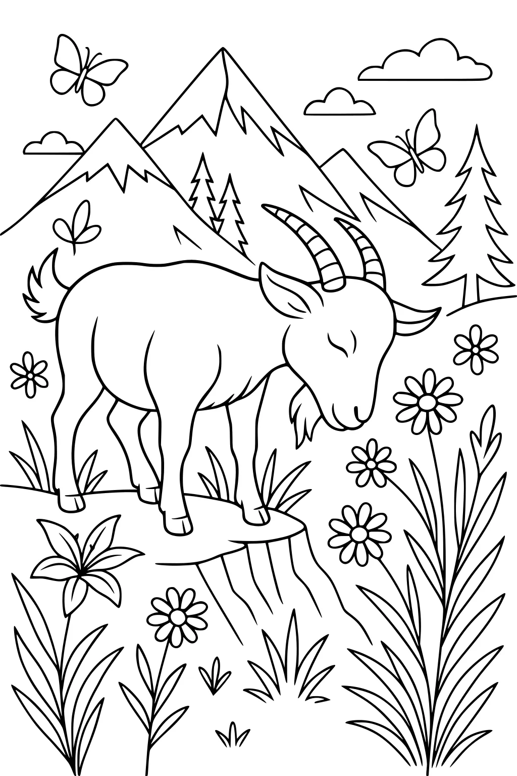 Goat with curved horns on a rock surrounded by flowers, butterflies, pine trees, mountains, and clouds.