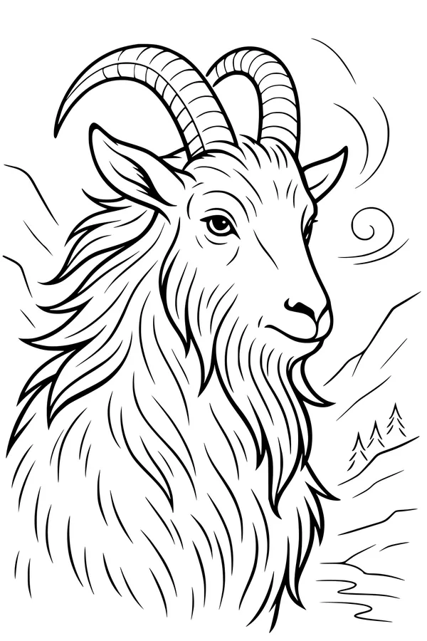 Free Mountain Goat Coloring Page - Shaggy Horned Goat in Windy Mountains (Printable PDF)