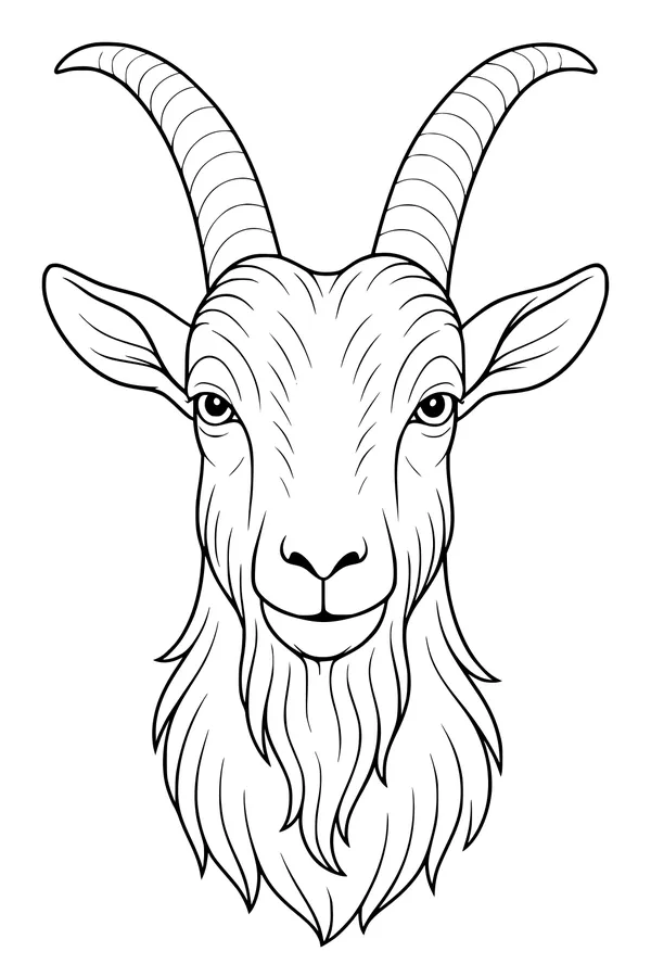 Free Goat Coloring Page - Grinning Goat Head With Twisty Horns (Printable PDF)