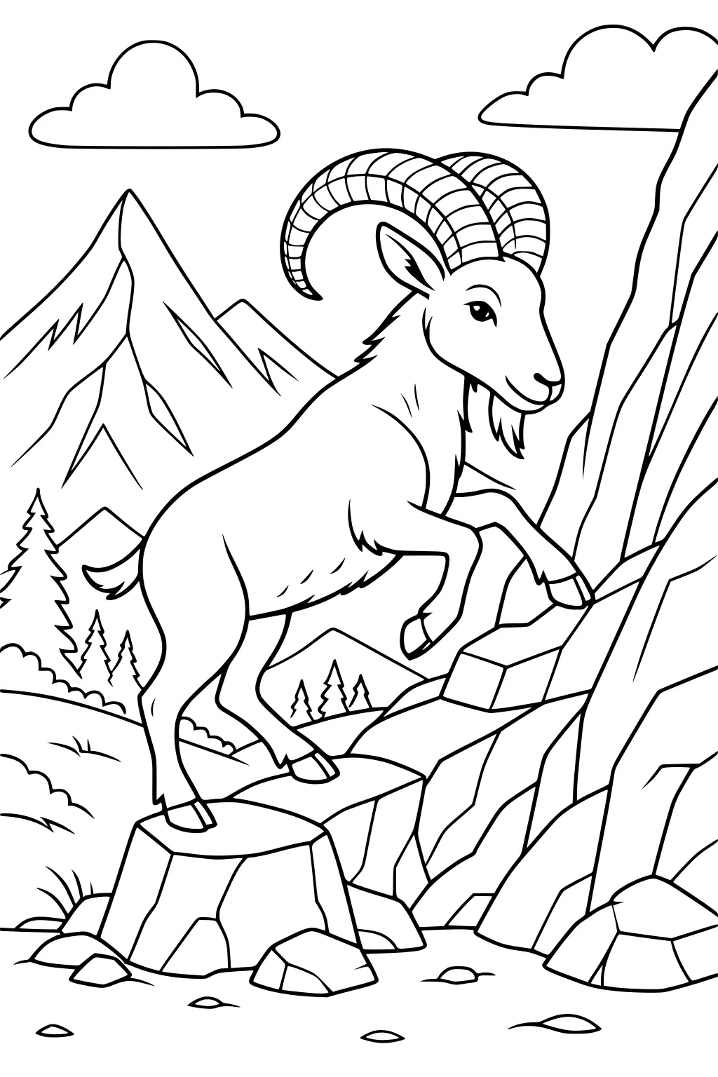 A goat with curved horns stands on rocks in front of mountains, pine trees, and clouds on a clear day.
