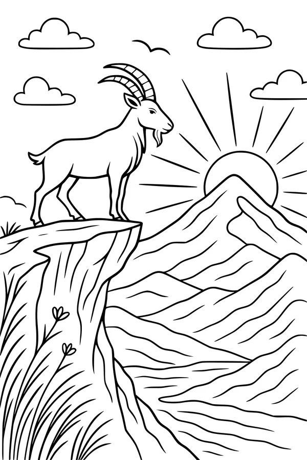 Free Mountain Goat Coloring Page - Sunrise On A High Cliff (Printable PDF)