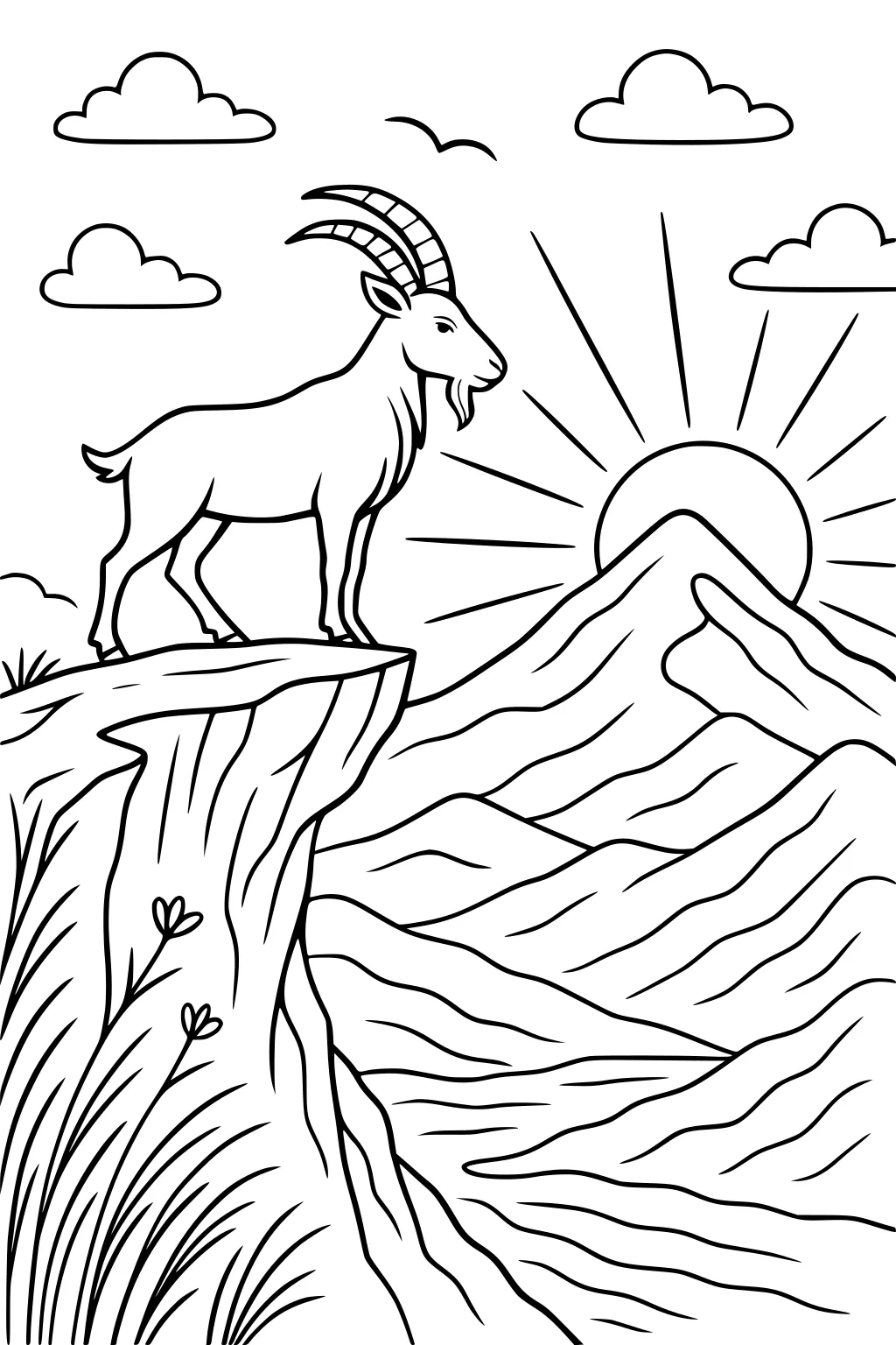 Goat with curved horns standing on a rocky mountain cliff at sunrise, surrounded by grass, flowers, clouds, and distant peaks.