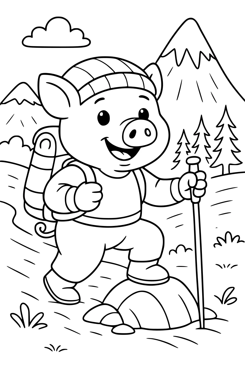 Smiling piglet in a beanie hiking with a backpack and stick on a mountain trail with trees, rocks, and clouds around him.