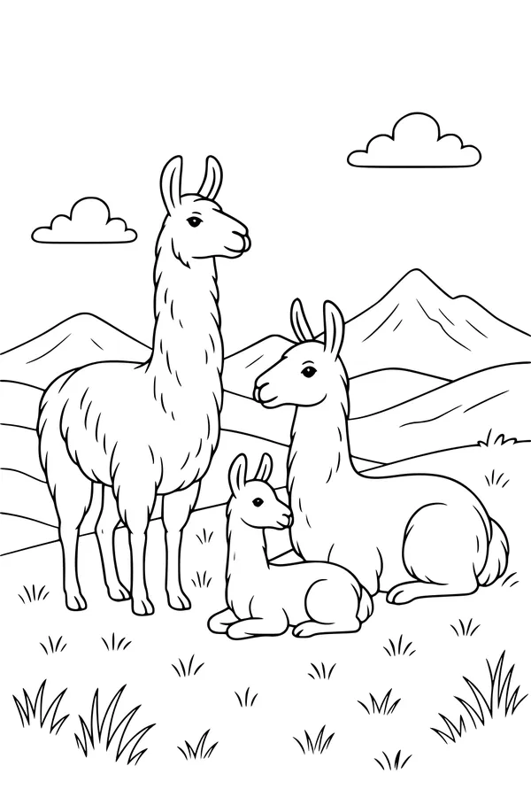 Free Llama Coloring Page - Llama Family in Mountain Hills (Printable PDF)