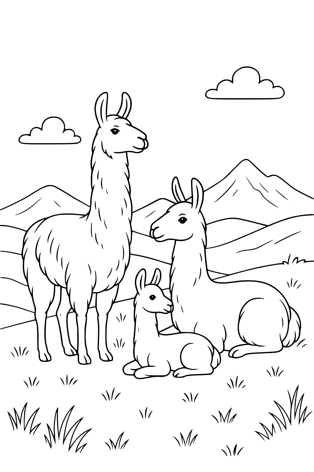 Three llamas in the grass with mountains and clouds in the background.